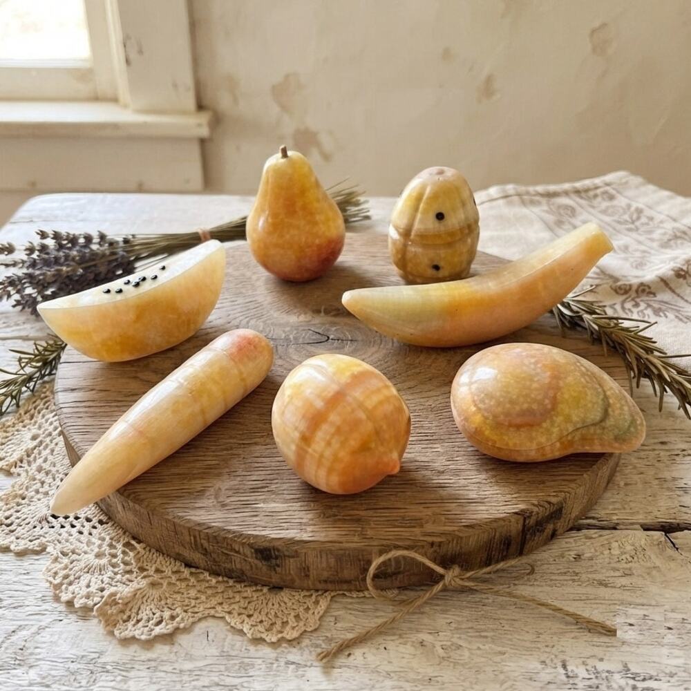Vintage MCM Alabaster Stone Fruit Vegetable Set 7 Hand Carved Cottagecore